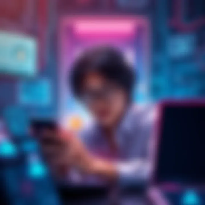 A user contemplating password recovery options, surrounded by tech devices
