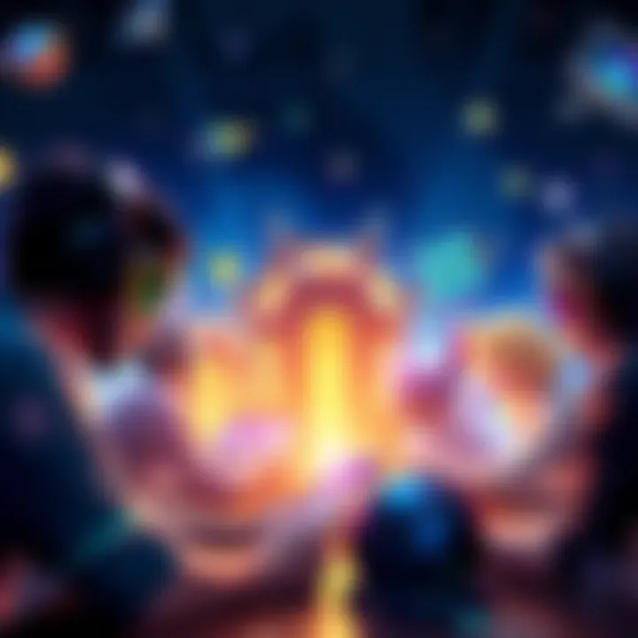 A dynamic portrayal of gamers strategizing together, with visuals of legendary items in the background that represent possibility and teamwork.