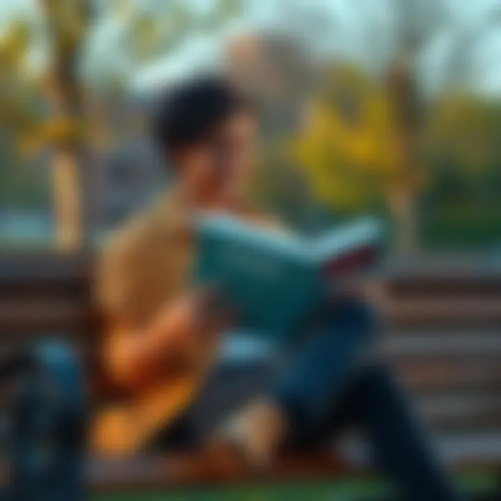 A person sitting on a park bench, smiling and looking hopeful while reading a book about positivity.
