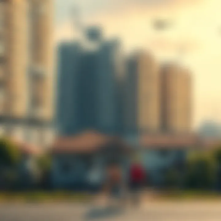 A crowded urban area showing high-rise buildings and families in front of some homes, reflecting the housing crisis.
