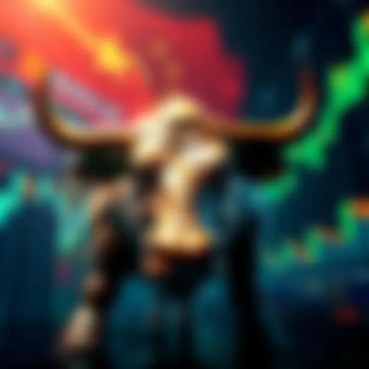 A visual representation of the economic impact of US and China tariff disputes, featuring a bull market bull and charts indicating market fluctuations.