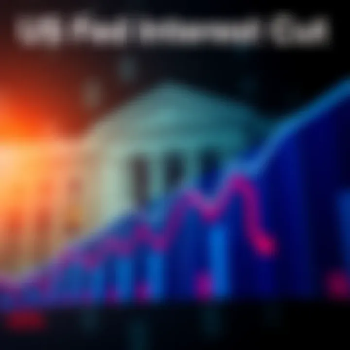 A graphic showing a downward trend in interest rates with dollar signs and a chart. The US Federal Reserve is cutting rates to stimulate the economy.