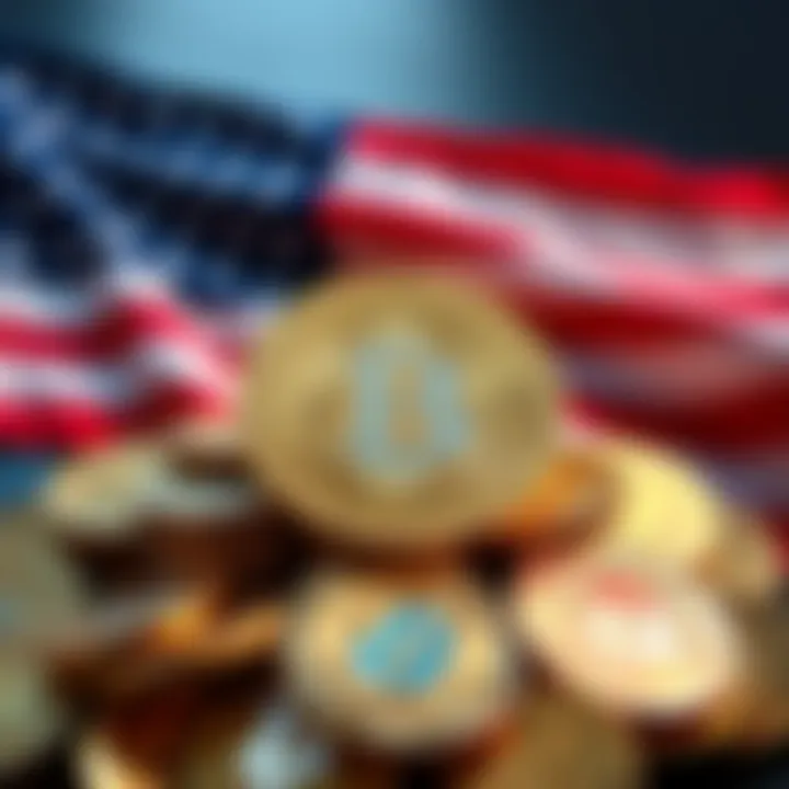 US flag positioned above a pile of Bitcoin coins, symbolizing the seizure of Iran's Bitcoin by the United States, highlighting security concerns in cryptocurrency.