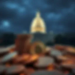 A stack of Bitcoin coins with the U.S. Capitol building in the background, symbolizing the government's cryptocurrency holdings.