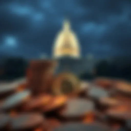A stack of Bitcoin coins with the U.S. Capitol building in the background, symbolizing the government's cryptocurrency holdings.