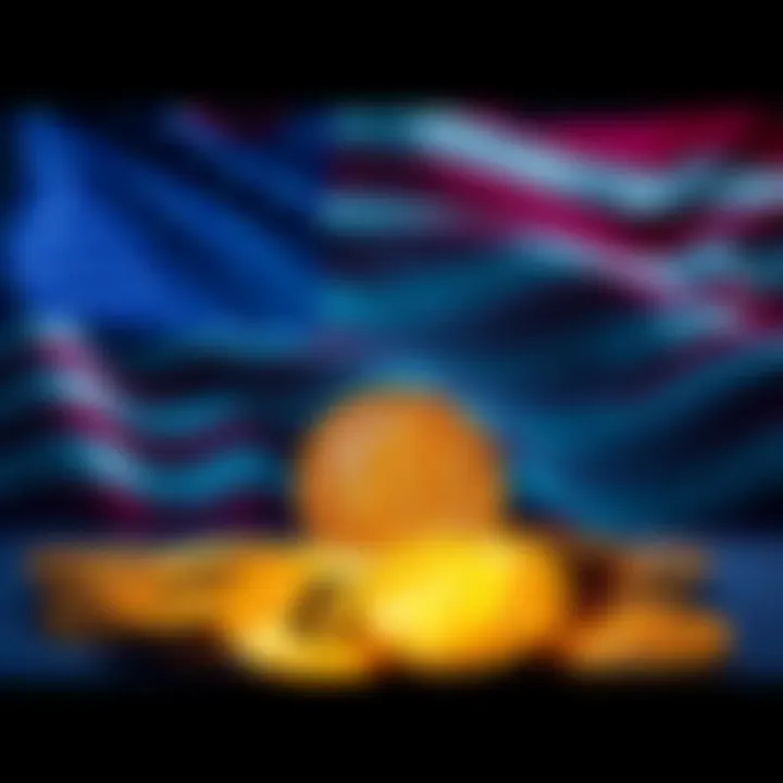 A visualization showing Bitcoin symbols with a backdrop of the US flag, representing the government's significant investment in cryptocurrency.