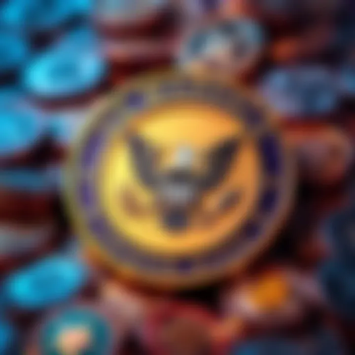 US Marshals badge with a backdrop of cryptocurrency coins symbolizing the investigation into a $40 million theft