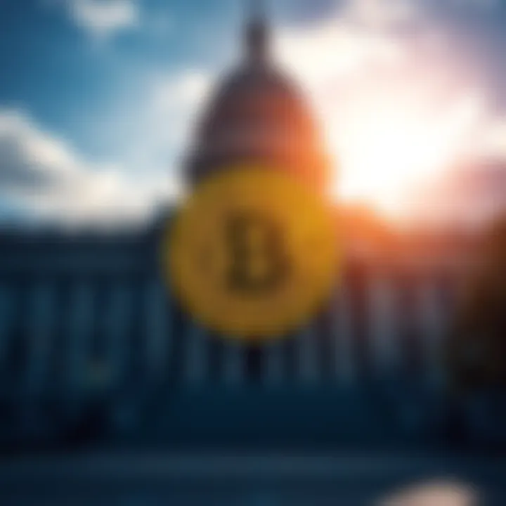 The US Senate building with a Bitcoin symbol overlay, representing the ban on the digital dollar and its impact on cryptocurrency.