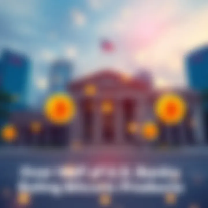 A group of U.S. bank buildings with Bitcoin symbols and graphics overlay, representing the rise of cryptocurrency in banking.