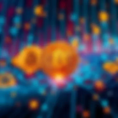 A representation of quantum technology and Bitcoin security with a backdrop of digital encryption symbols and currency signs.