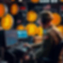 A soldier inspecting a computer setup with Bitcoin logos and military gear in the background.