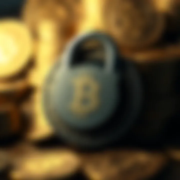 A graphic showing a bitcoin symbol with a lock, representing lost access and controlled supply, with coins in the background.