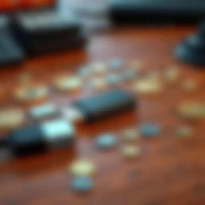 A USB drive placed on a wooden desk surrounded by symbols representing cryptocurrency, showing the concept of using a USB drive as a hardware wallet.