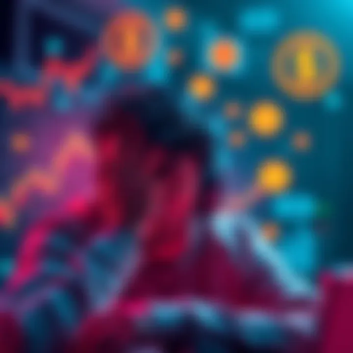 A person frustrated with high gas fees while trying to transfer USDC cryptocurrency, surrounded by charts and digital icons representing currency exchange.