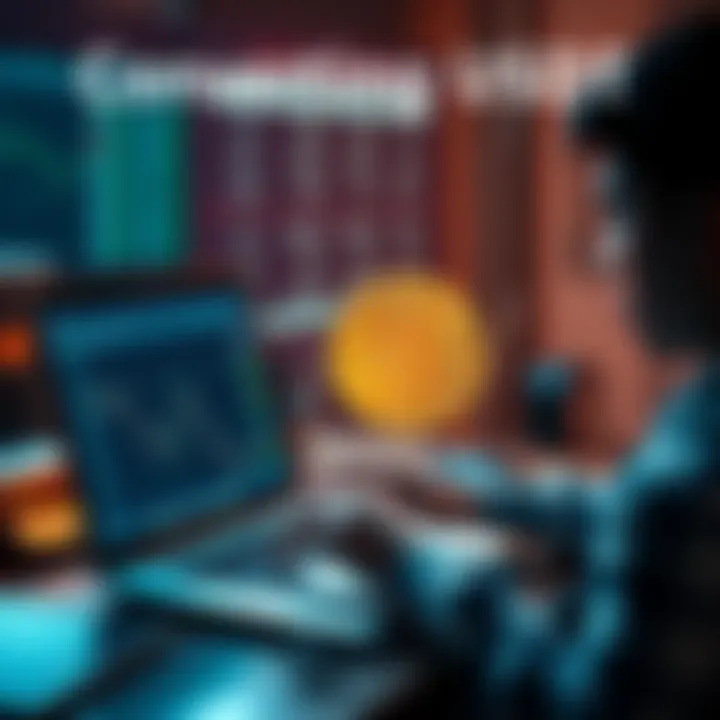 A person using a laptop to convert USDT to Bitcoin on a secure exchange platform, with a focus on safety measures and hardware wallets in the background.