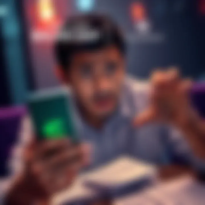 A person looking worried while holding a phone with a Changelly logo on the screen, surrounded by papers for documentation