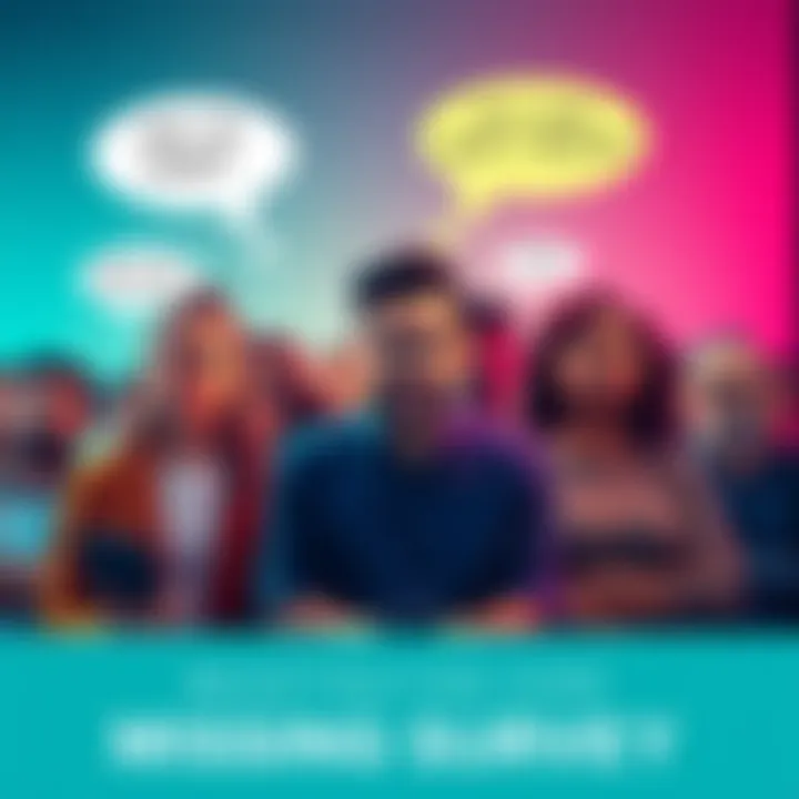 A group of diverse users expressing their frustration and confusion over missing surveys on their devices, with thought bubbles illustrating questions and concerns.