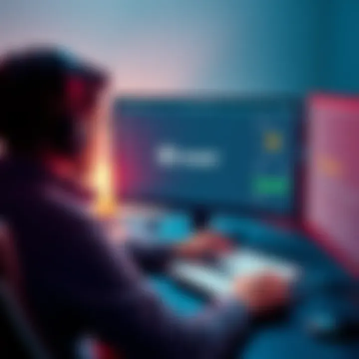 A person sitting at a computer, looking at a screen displaying Nostr and Primal, with notes and a pen nearby, symbolizing the learning process of private key generation.