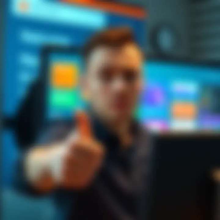 A person expressing mixed feelings about a new user interface on a computer screen, with a look of confusion and frustration. They have a thumbs down gesture while looking at the screen, surrounded by...