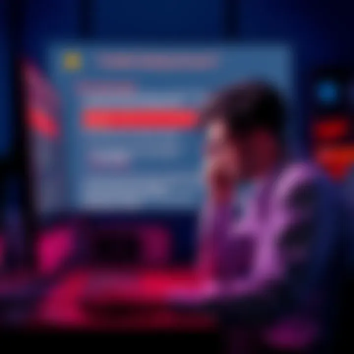 A frustrated person sitting at a computer, looking at a screen displaying error messages about 2FA codes and backup codes