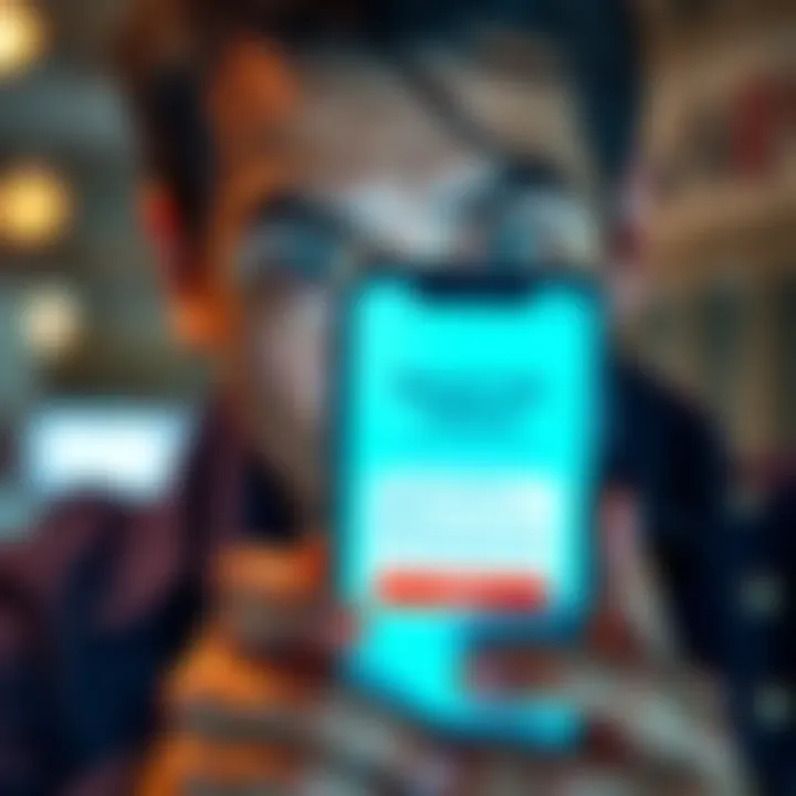 User shocked by account closure A person looking surprised and worried while staring at a smartphone displaying a banking app, with a notification about account closure, reflecting disappointment and concern about digital banking se...