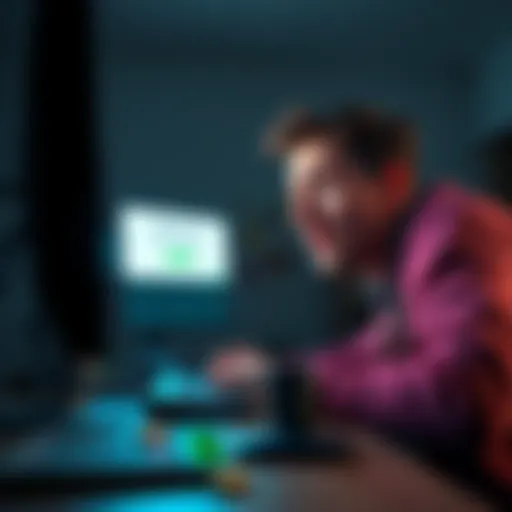 A worried user looks at their computer screen showing an alert about disappearing staking rewards, with a calculator and coins on the desk.