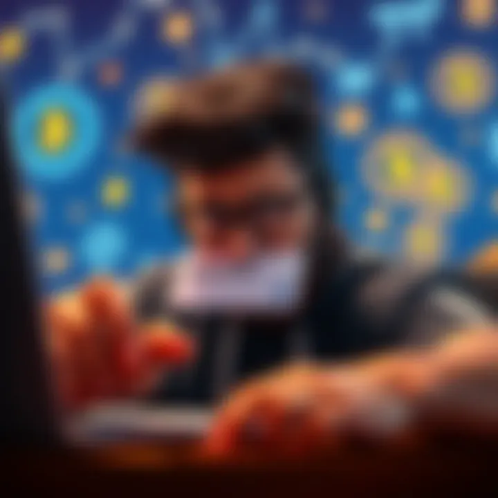 A worried person looking at a laptop with a password change notification on screen and cryptocurrency icons in the background