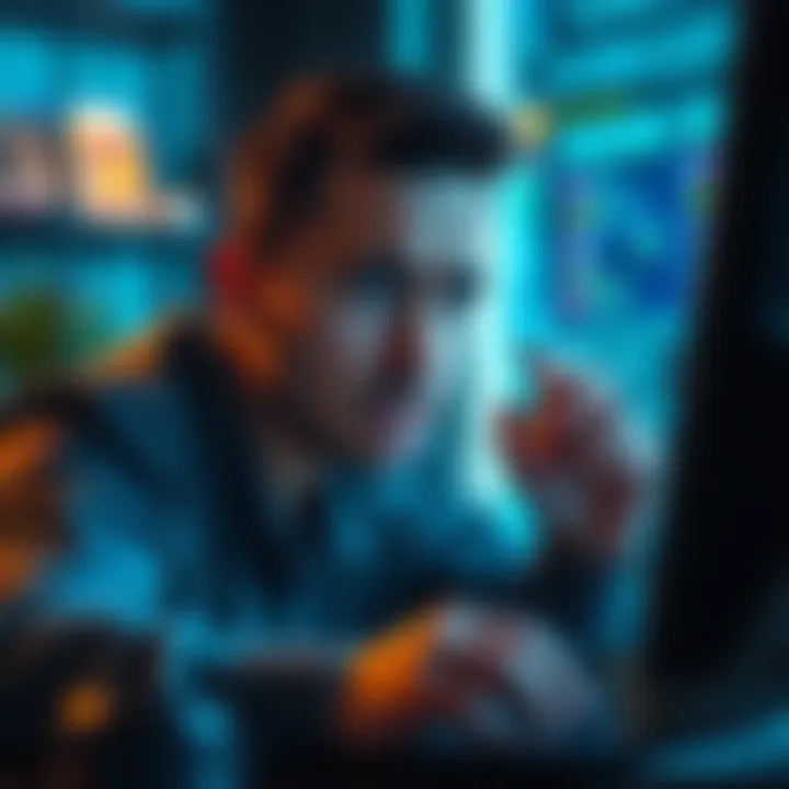 User frustrated with account closure A person looking at a computer screen with a worried expression, symbolizing frustration over a bank account closure