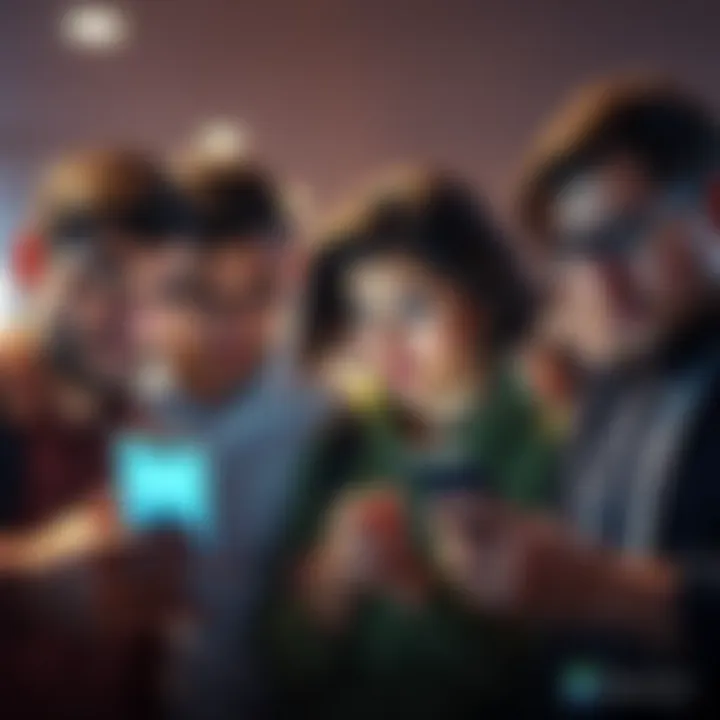 A group of frustrated users discussing app updates with confused expressions, showing their phones while looking at the Atlas Earth interface.