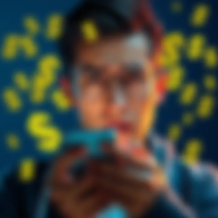 A person looking at their phone with a frustrated expression, surrounded by dollar signs to represent pay rates, showing dissatisfaction with app earnings.