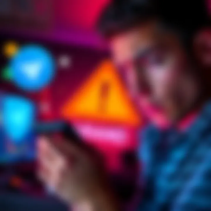 A person looking worried while using a phone, with images of cryptocurrency symbols and a warning sign in the background