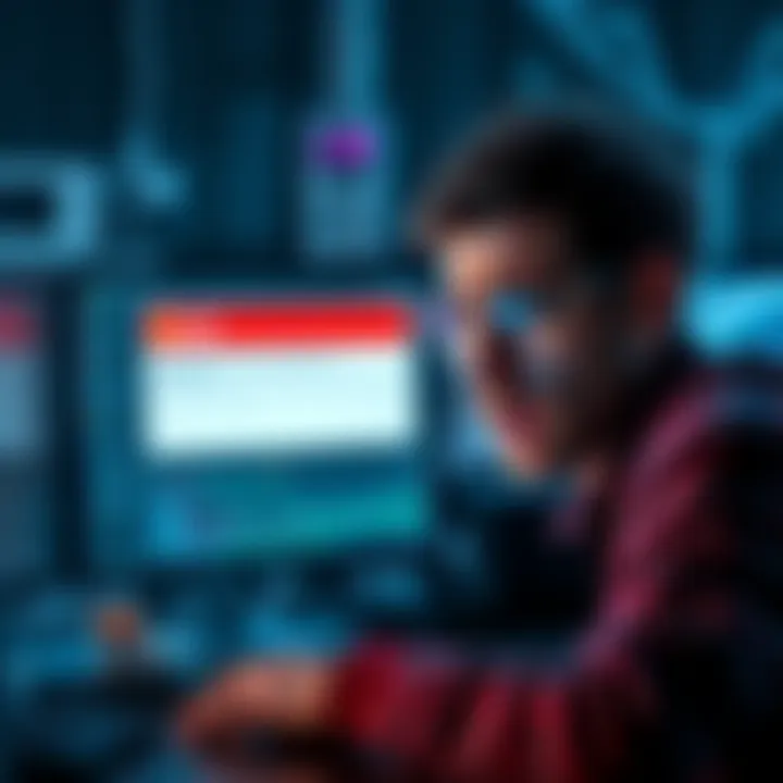 A frustrated person looking at a computer screen displaying an error message while seeking help online.