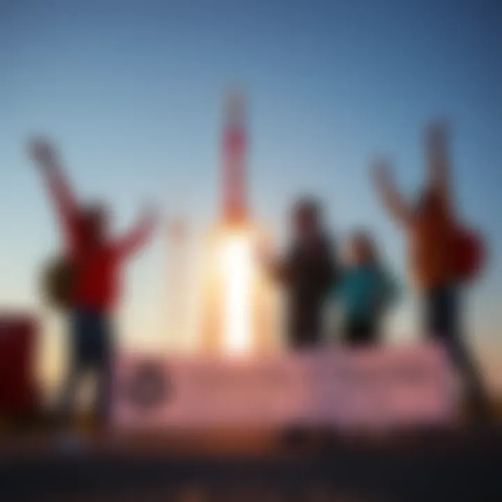 Students from the University of Waterloo stand beside their record-breaking rocket after a successful launch, cheering and holding a banner.