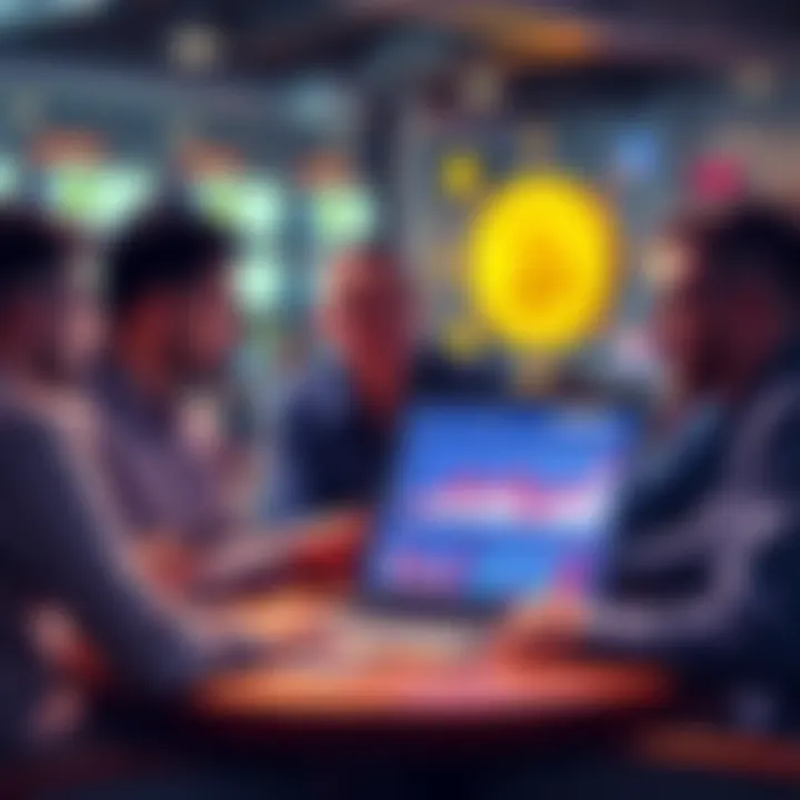 People discussing meme coins on Uxento A group of people talking about launching meme coins on Uxento, with charts and graphs on a laptop screen