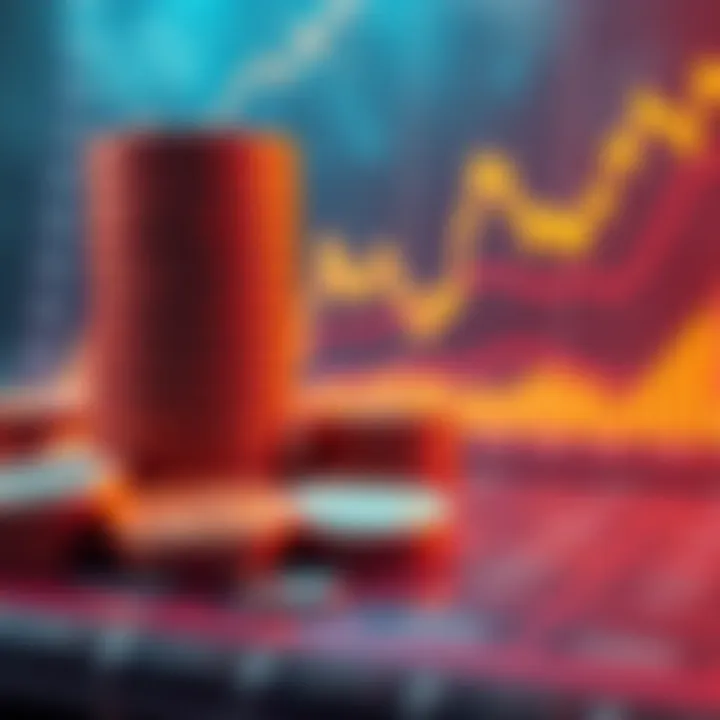 A visual representation showing Doge coins stacked alongside a chart indicating market trends and values.