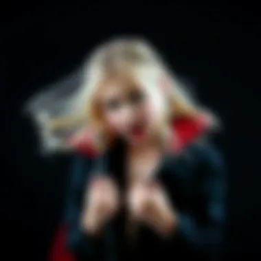 A young blonde girl dressed as a vampire in a provocative pose, set against a dark background.