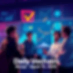 A group of people engaging in conversation about Vechain developments, with charts and diagrams illustrating blockchain technology in the background.