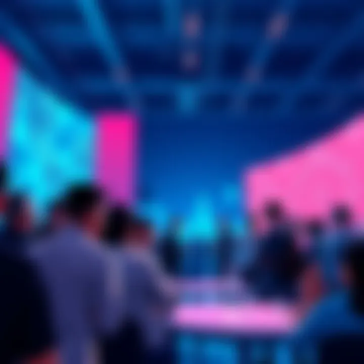 A group of people discussing blockchain technology and VeChain innovations in a community gathering.