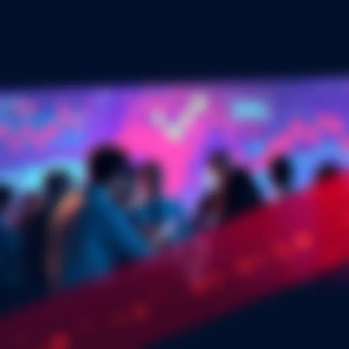 Group of people discussing VeChain updates with charts and blockchain visuals in the background