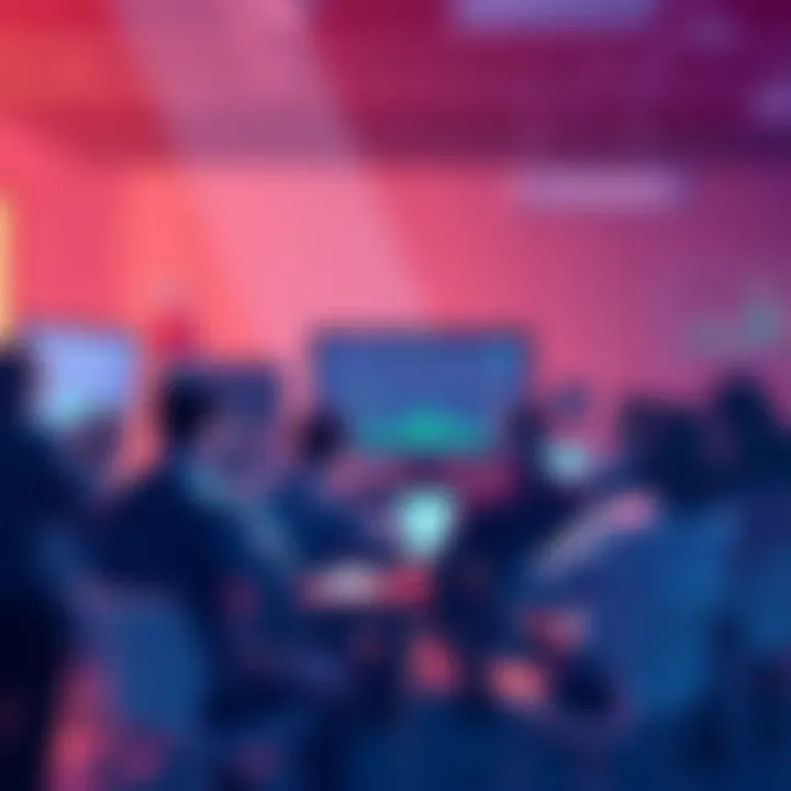 People engaged in a lively discussion about Vechain developments with charts and updates on screens.