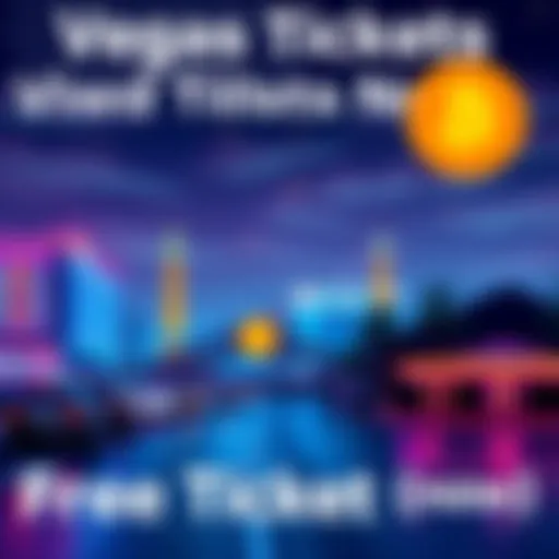 Illustration of Las Vegas skyline with casino lights and Bitcoin symbol, showcasing free ticket offer