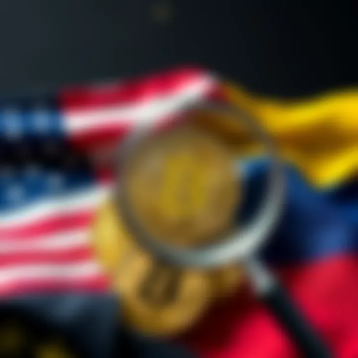 A graphic showing the U.S. and Venezuela flags, with Bitcoin symbols and a magnifying glass, representing the investigation into cryptocurrency ties.