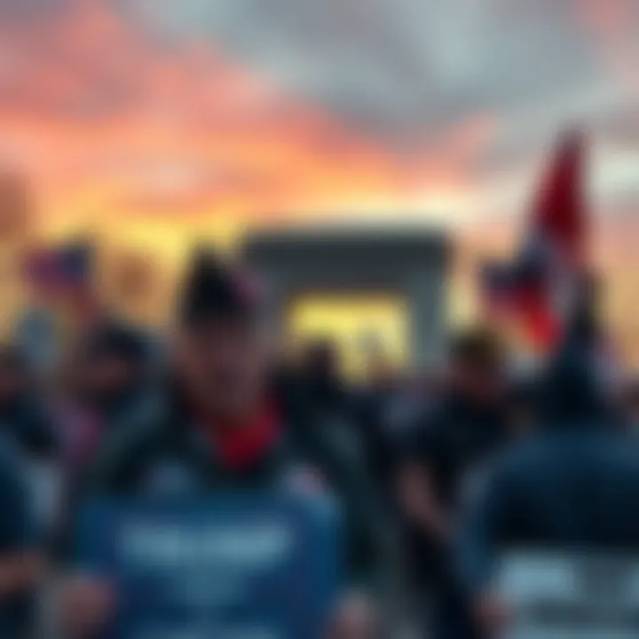 Veterans holding signs and flags, protesting against the proposed triumphal arch near Arlington National Cemetery.