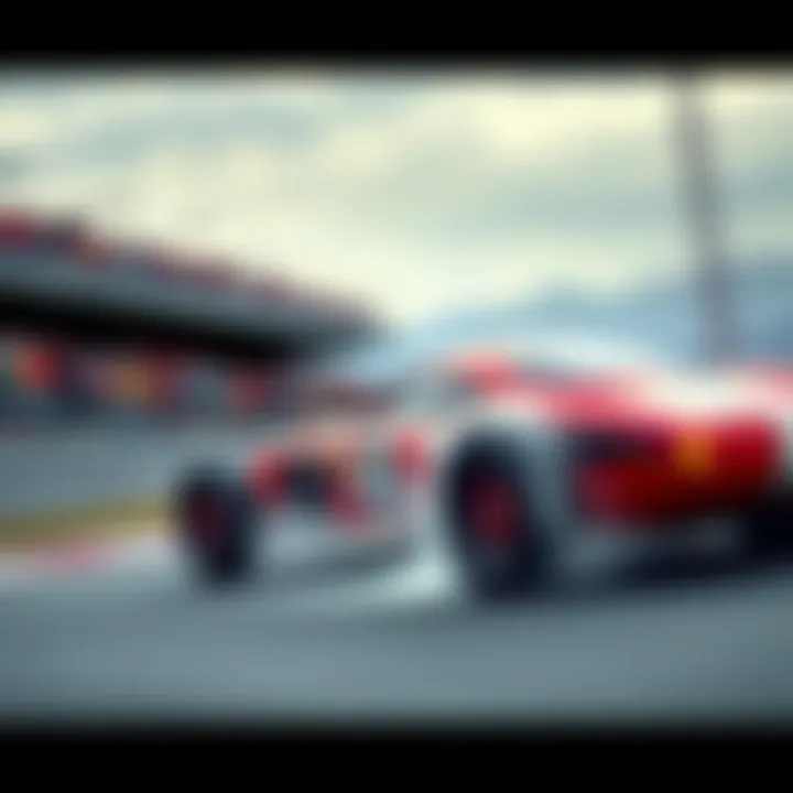A vintage racing car speeding on a track during a race event, with a blurred crowd in the background, showcasing excitement and competition.