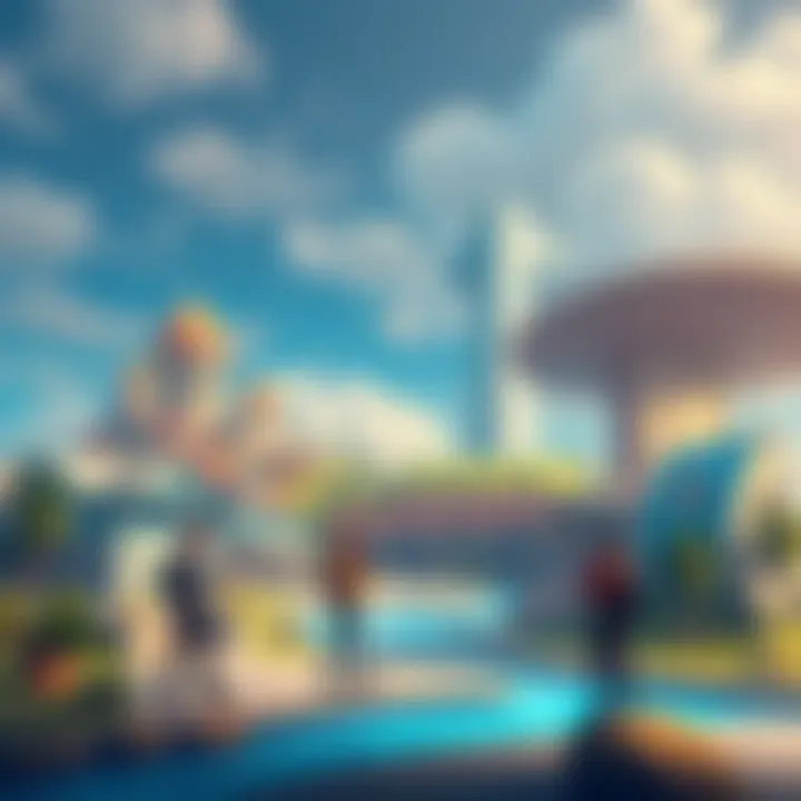 A digital illustration showcasing virtual properties available for rent, featuring diverse landscapes and gaming avatars discussing rental mechanics, symbolizing the intersection of real estate and gaming.