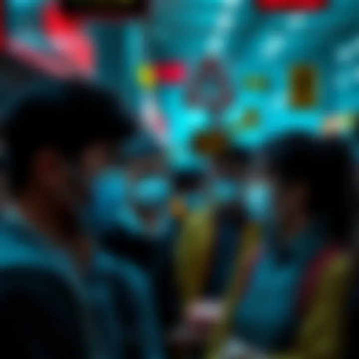 People wearing masks in a crowded area while a caution sign is visible, indicating health risks.