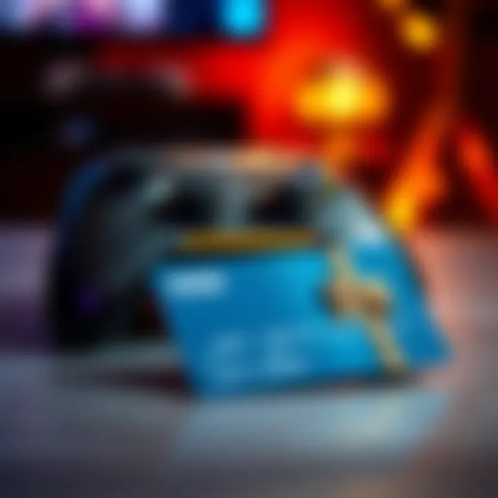 Visa gift card and game controller A Visa gift card next to a video game controller on a table, symbolizing gaming purchases.