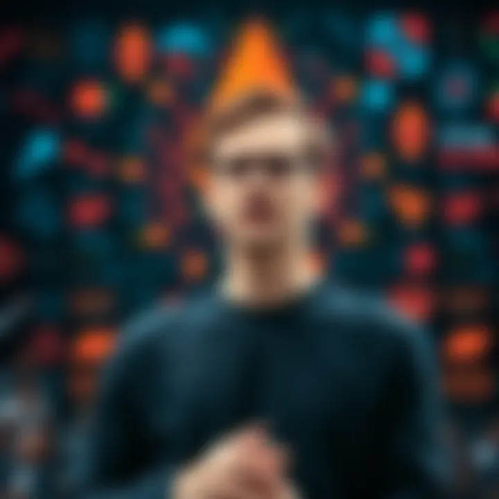 Vitalik Buterin presenting his plan for decentralized AI in front of a crowd, with visuals of Ethereum graphics and symbols of technology backdrop.