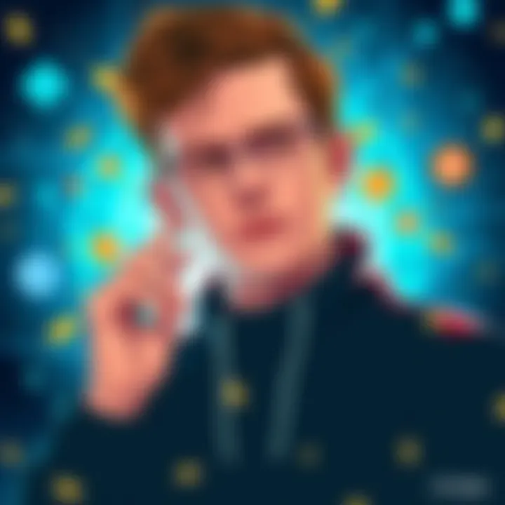 A thought-provoking illustration of Vitalik Buterin deep in contemplation, surrounded by digital blockchain elements and futuristic cryptocurrency symbols.