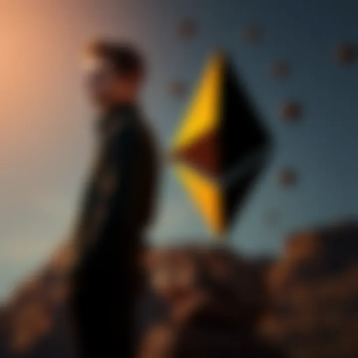 Vitalik Buterin standing beside the Ethereum logo, looking thoughtful about the future of cryptocurrency